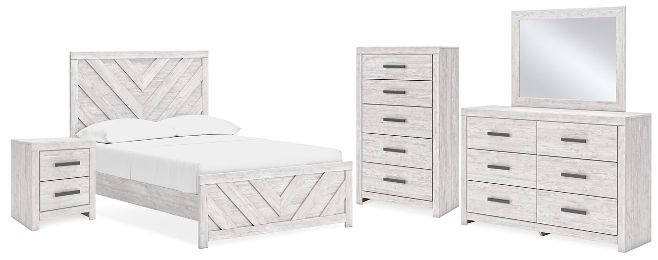 Cayboni Full Panel Bed with Mirrored Dresser, Chest and Nightstand